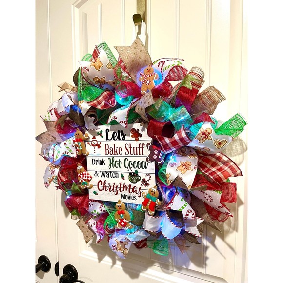 Christmas Gingerbread Man Holiday Ribbon Door Wreath Handmade 22 ins LED W5 - Picture 4 of 10